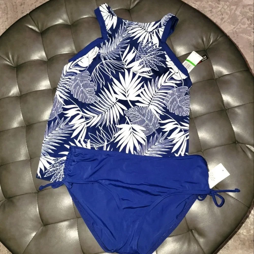 Jantzen High Neck Navy White Palm Tankini Top Navy Drawstring side tie b…